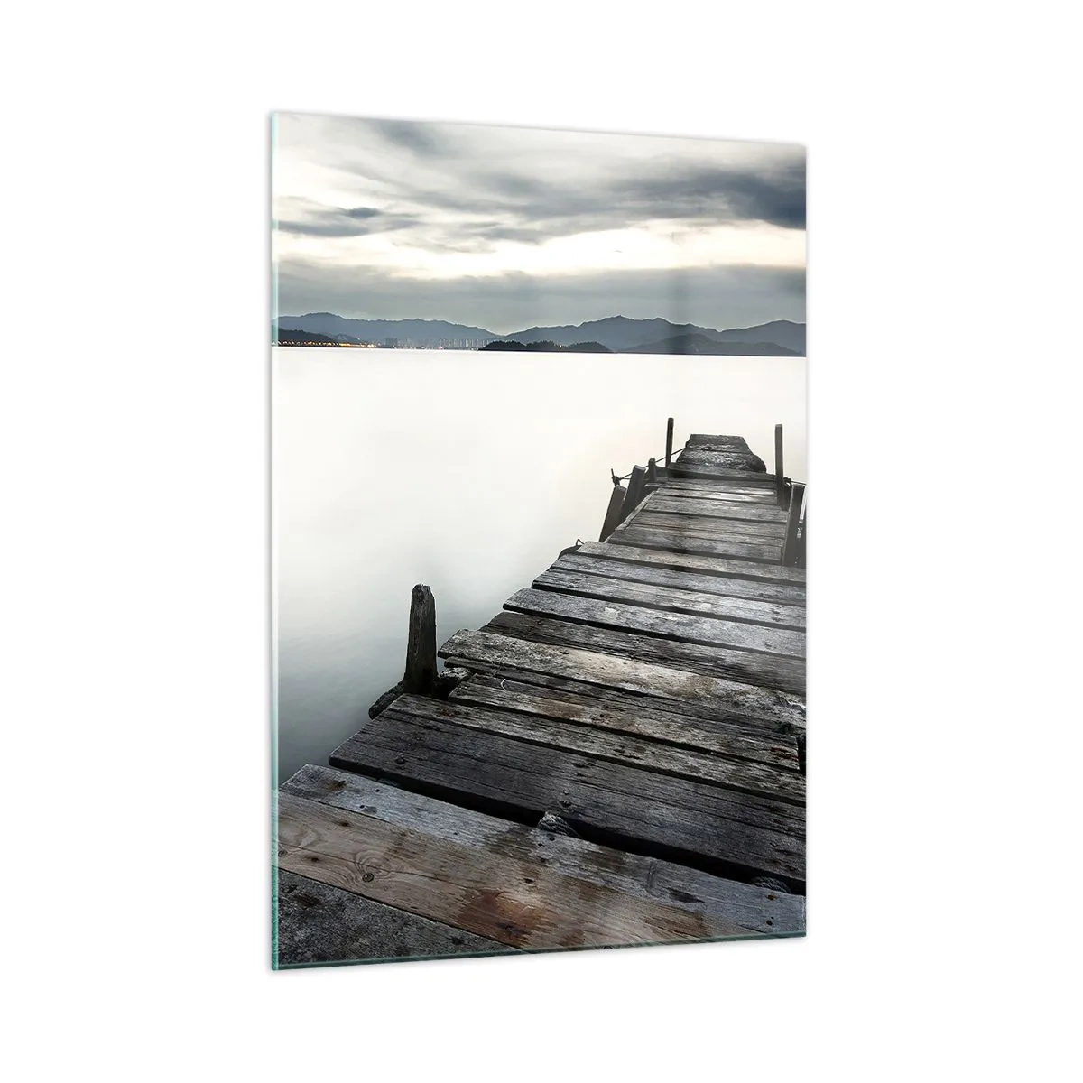 Impression sur verre - Image sur verre - Une jetée en bois sur fond de lac calme au crépuscule - 50x70cm - Immergez-vous dans la paix - Décoration murale moderne pour le salon et la chambre ARTTOR