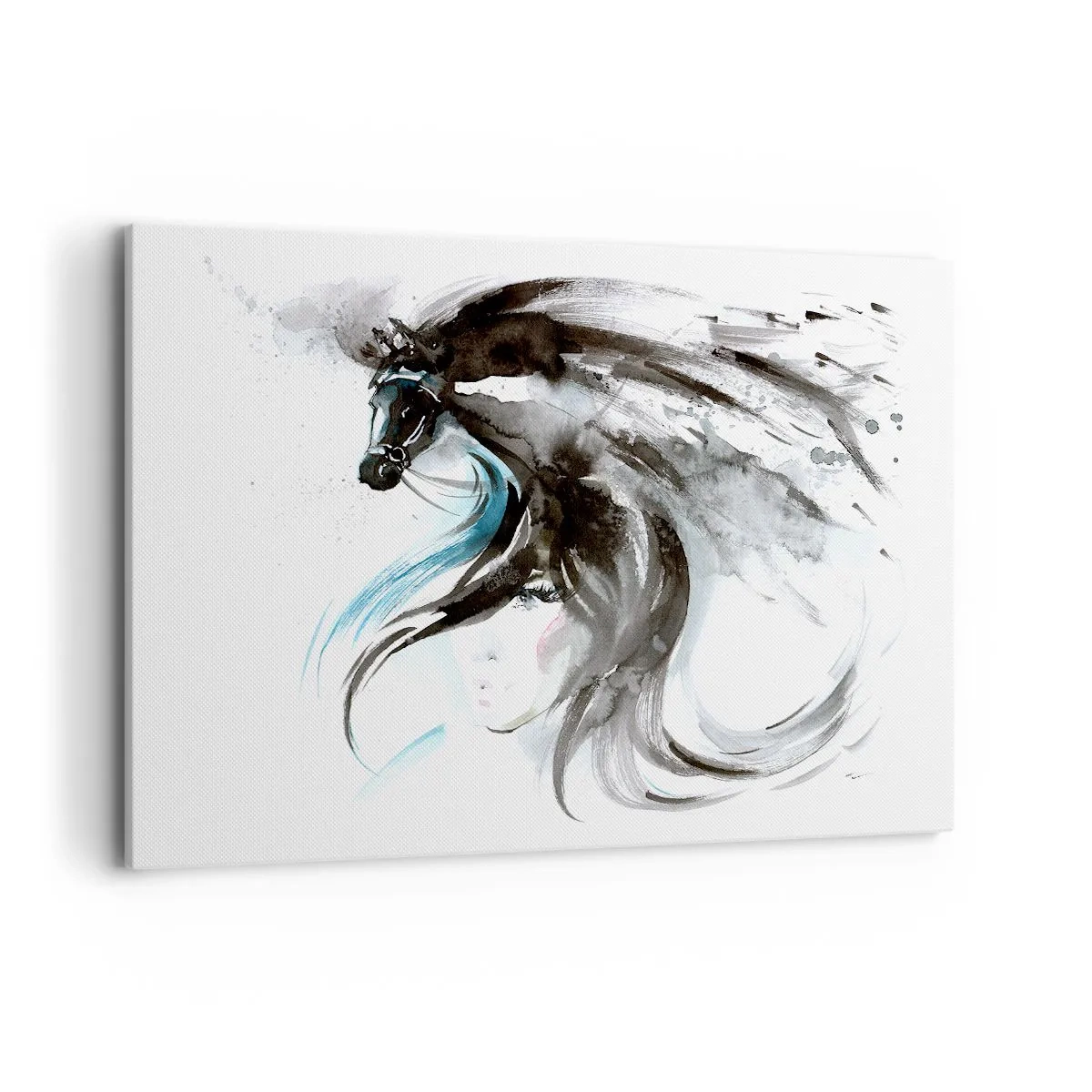 Impression sur toile - Image sur toile - Une femme et un cheval dans une aquarelle mystique pleine de dynamique - 120x80cm - Galop du prince noir - Décoration murale moderne pour le salon et la chambre ARTTOR