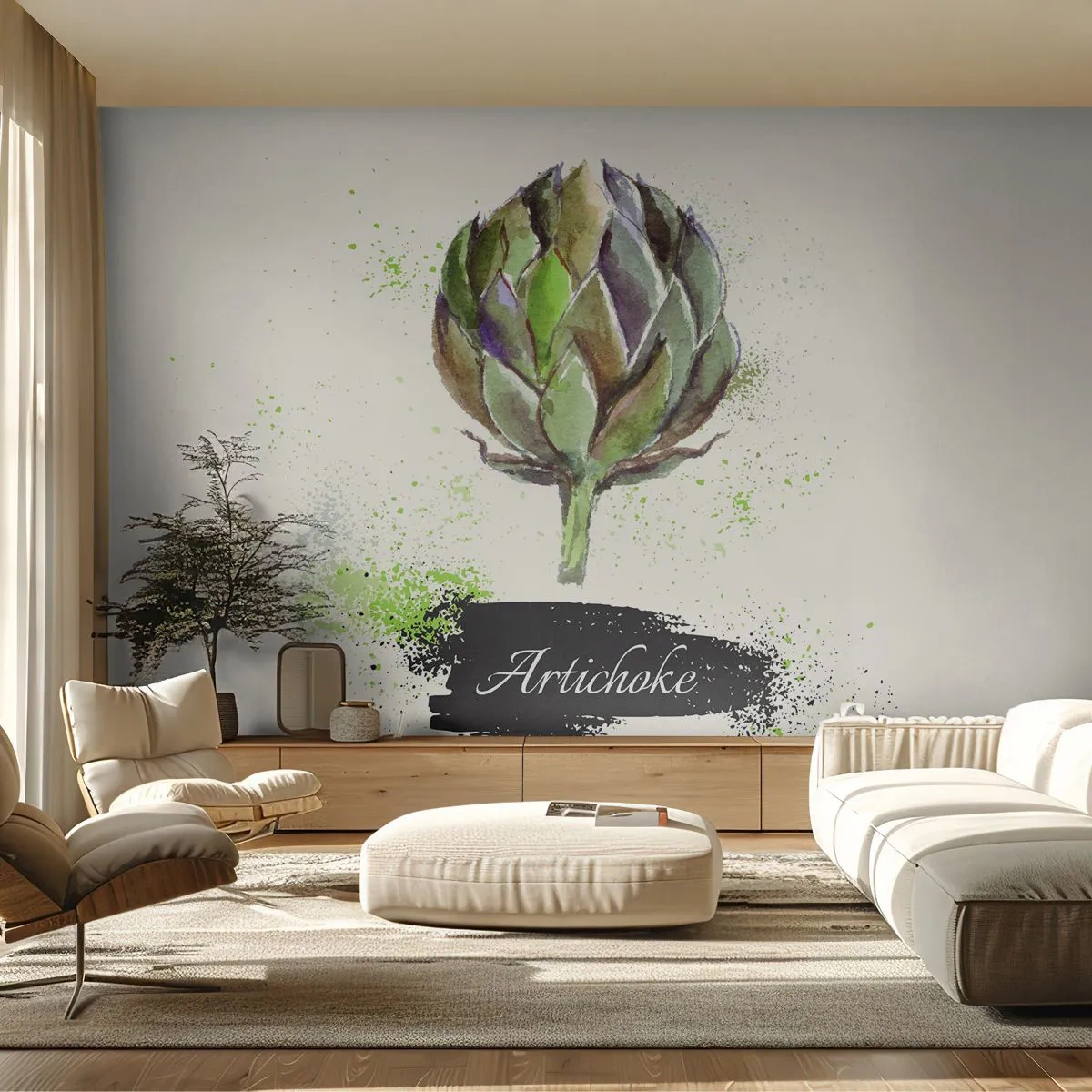 Papier Peint Photo Premium Sand - Vive les légumes! - Artichaut, Cuisine, Aquarelle - 350x256 cm
