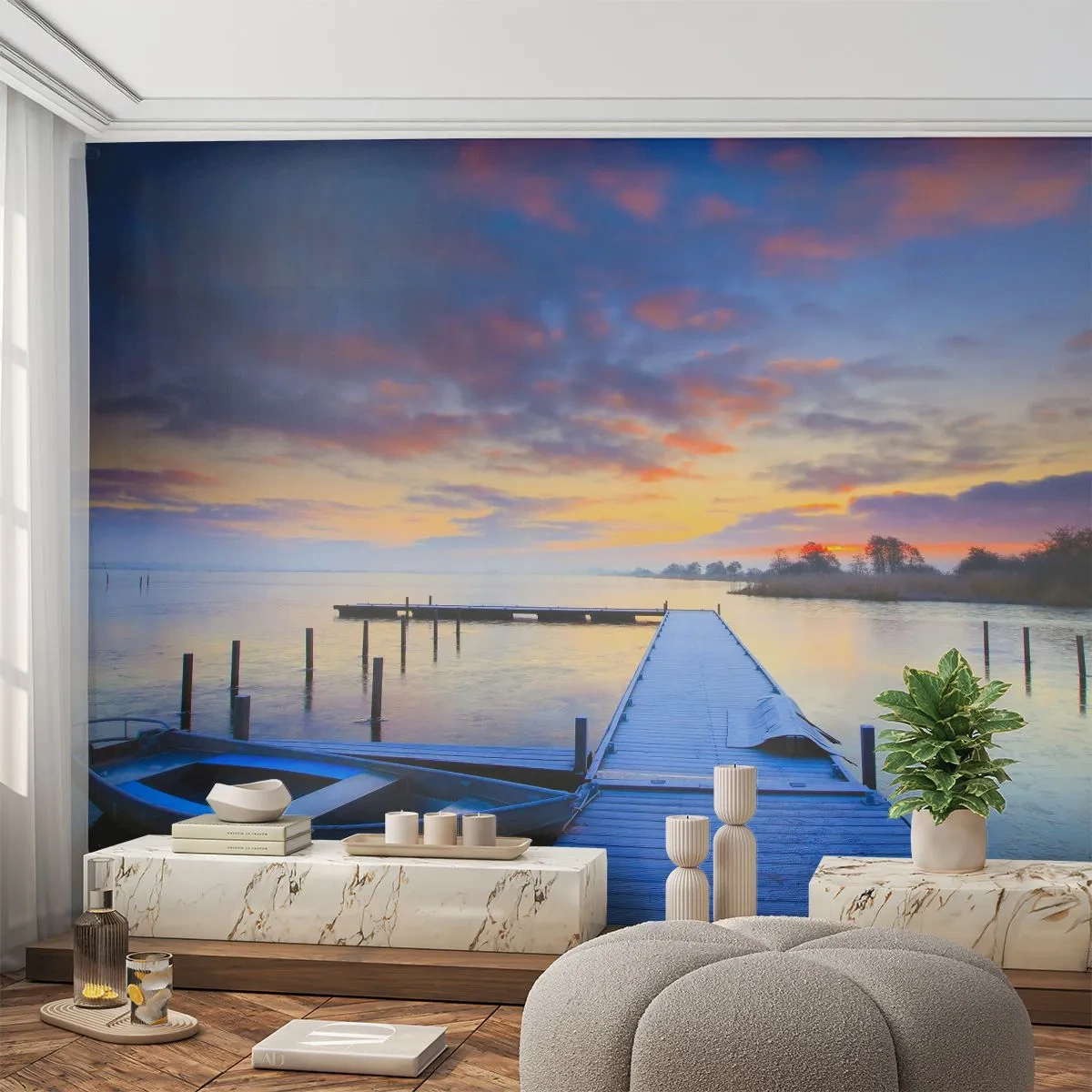 Papier Peint Autocollant Deluxe Sticker - Calme violet-doré - Paysage, Lac, Bateau - 250x175 cm