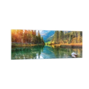 Impression sur verre - Image sur verre - Un lac pittoresque entouré de montagnes et de forêts - 140x50cm - Douceur automnale - Décoration murale moderne pour le salon et la chambre ARTTOR