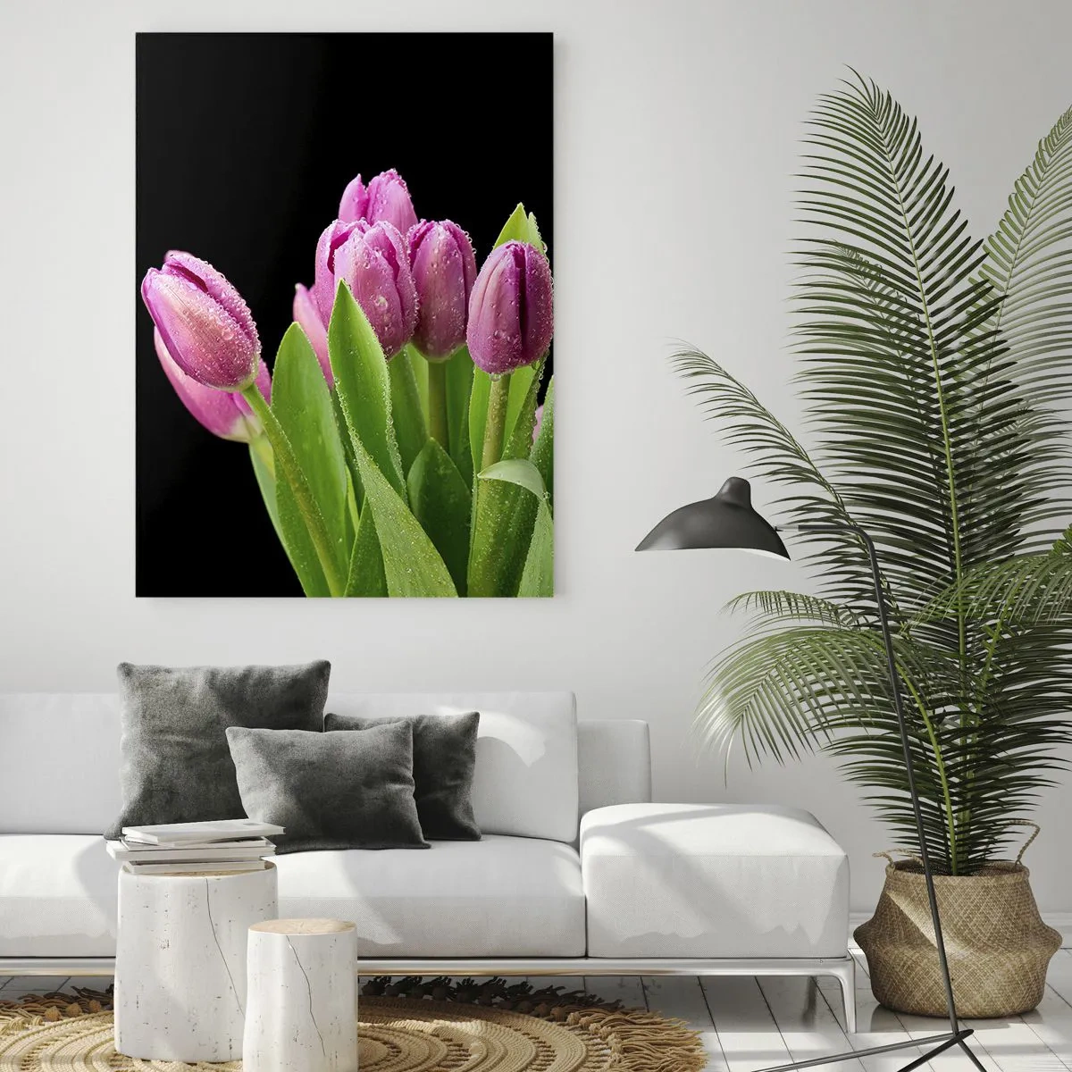 Impression sur verre - Image sur verre - Un bouquet de tulipes roses recouvertes de gouttes d'eau sur fond noir. - 50x70cm - Joie printanière des lilas - Décoration murale moderne pour le salon et la chambre ARTTOR