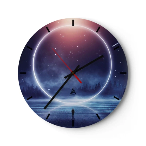 Horloge murale - Pendule murale - Un anneau spatial au-dessus de l'eau et une silhouette regardant vers lui. - 30x30cm - Ils sont déjà là... - Décoration murale moderne pour le salon, la cuisine et la chambre ARTTOR