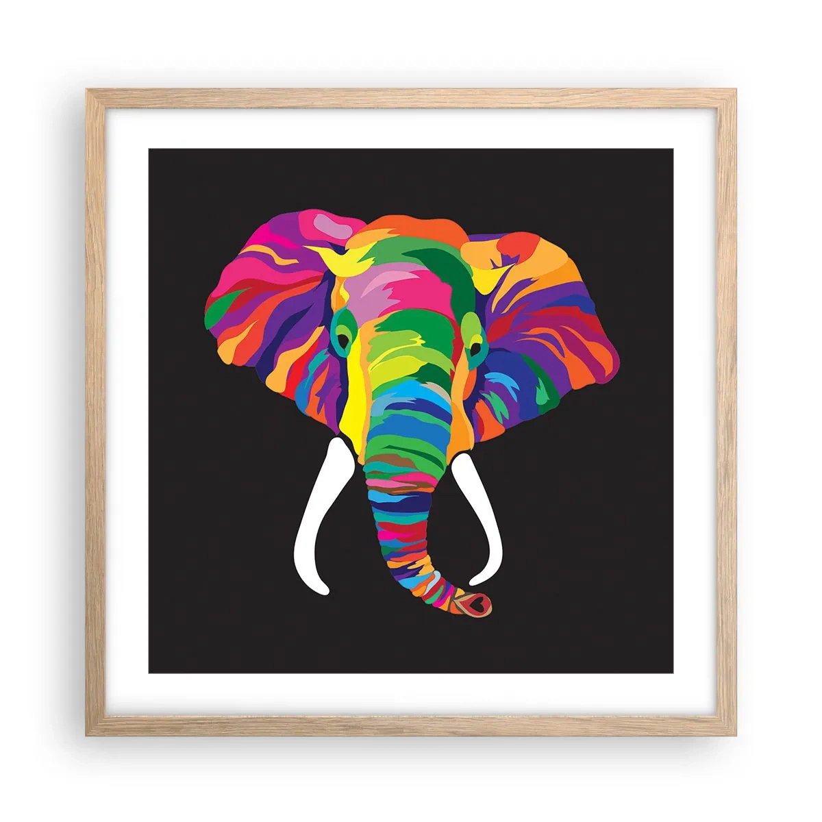 Affiche dans un chêne clair - Poster - L'éléphant qui aimait se baigner dans un arc-en-ciel - 50x50 cm