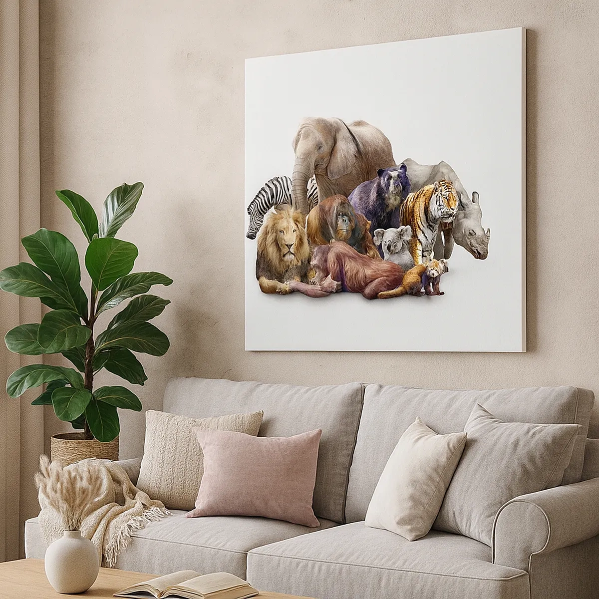 Impression sur toile - Image sur toile - Une variété d'animaux sauvages dans une composition de groupe - 50x70cm - Photographie de famille africaine - Décoration murale moderne pour le salon et la chambre ARTTOR