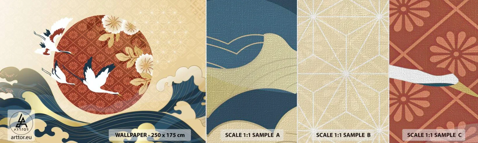 Échantillon de Papier Peint Premium Canvas - Conte japonnais - Héron, Oiseau, Abstraction - 100x30 cm