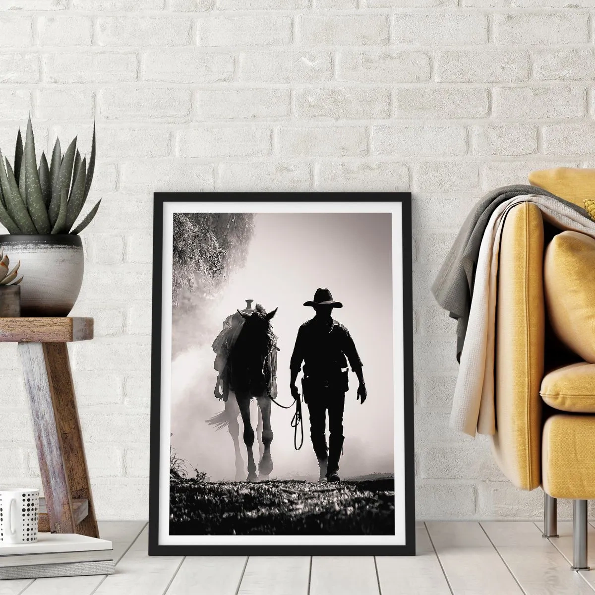 Affiche dans un cadre noir - Poster - Silhouette d'un cow-boy avec son cheval dans le brouillard matinal - 50x70cm - Matinée texane - Décoration murale moderne pour le salon et la chambre ARTTOR