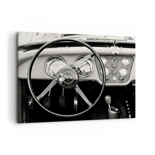 Impression sur toile - Image sur toile - Intérieur de voiture classique noir et blanc - 100x70cm - Rêve de collectionneur - Décoration murale moderne pour le salon et la chambre ARTTOR