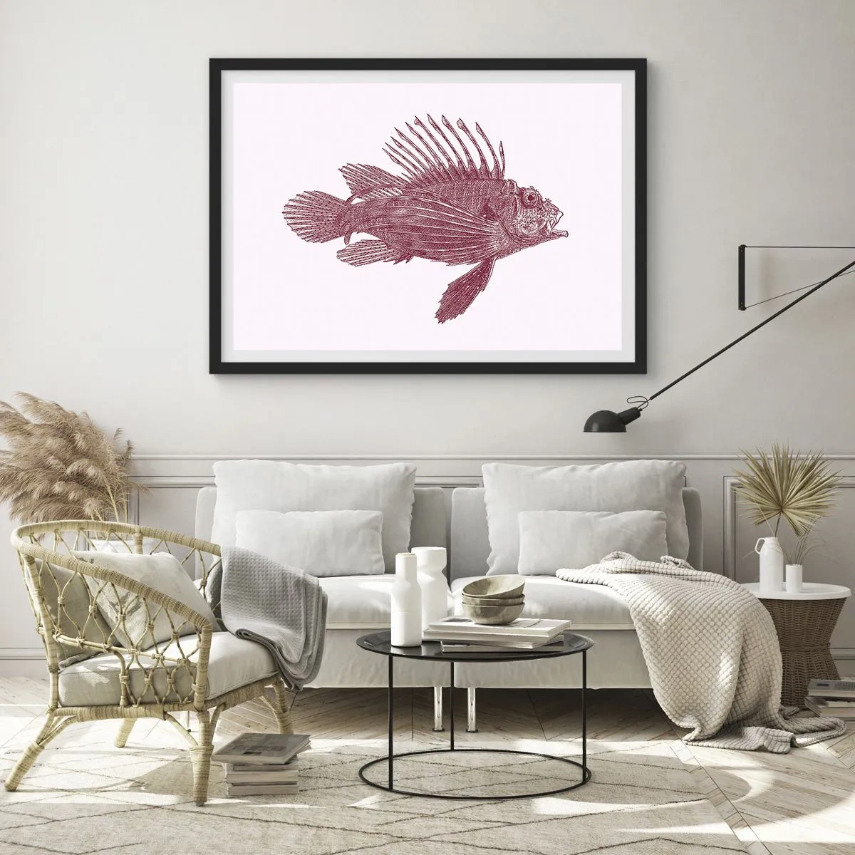 Affiche dans un cadre noir - Poster - Dessin d'un poisson dans une teinte rouge - 70x50cm - Un habitant des eaux exotiques - Décoration murale moderne pour le salon et la chambre ARTTOR