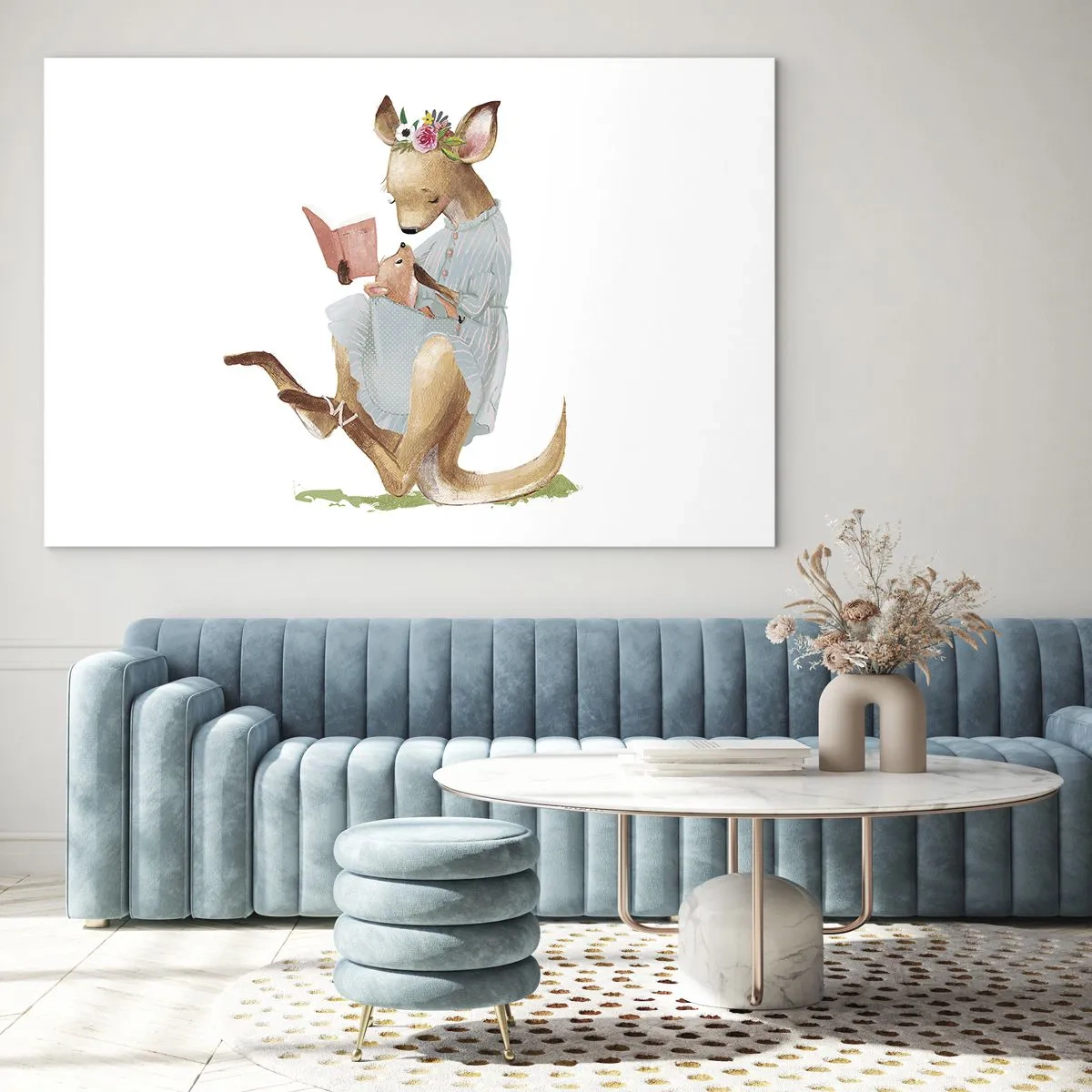 Impression sur verre - Image sur verre - Une mère kangourou lisant un livre à un bébé kangourou - 120x80cm - Lis-moi maman - Décoration murale moderne pour le salon et la chambre ARTTOR