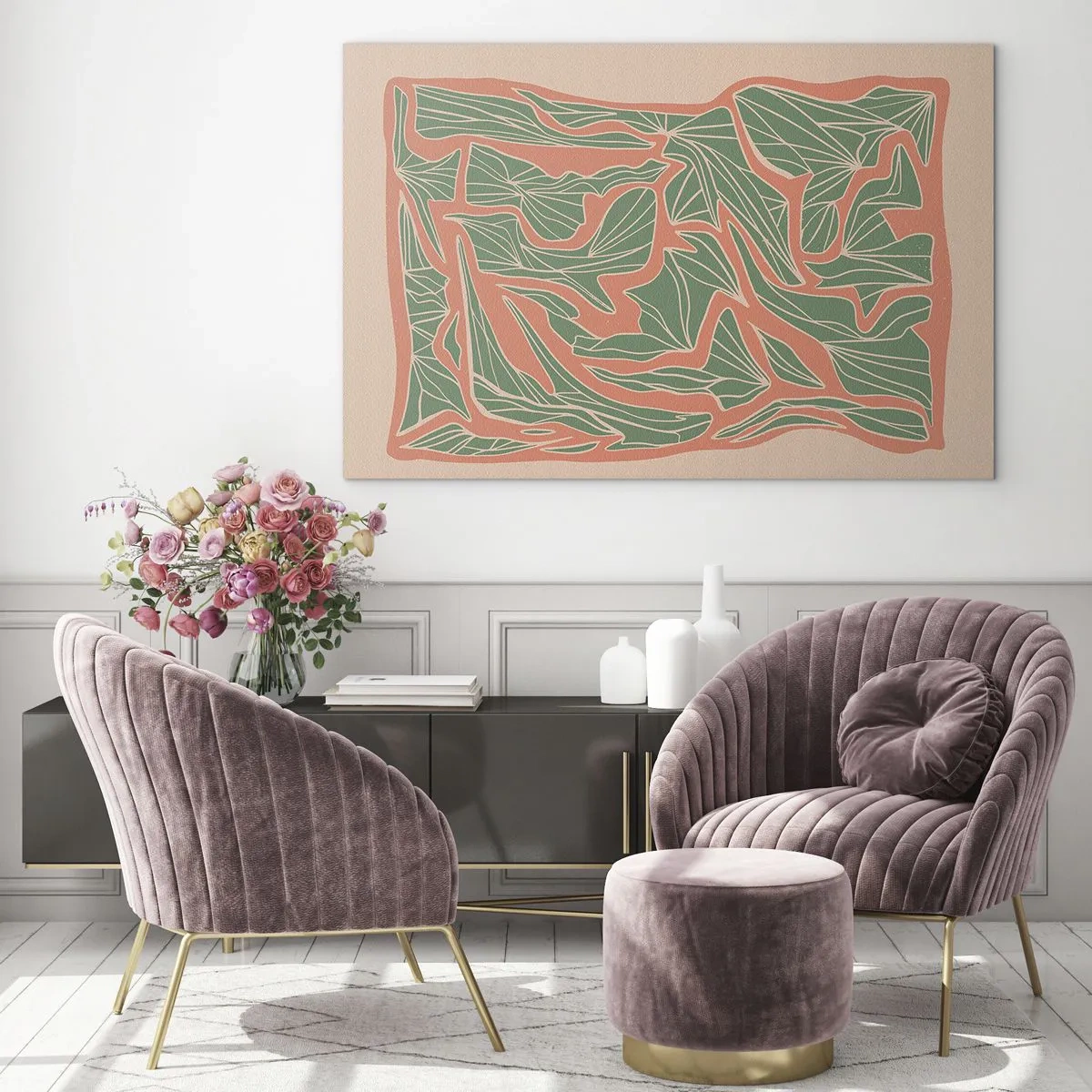 Impression sur verre - Image sur verre - Formes feuillues vertes entourées d'un cadre corail sur fond beige - 70x50cm - La lutte entre le corail et la verdure - Décoration murale moderne pour le salon et la chambre ARTTOR
