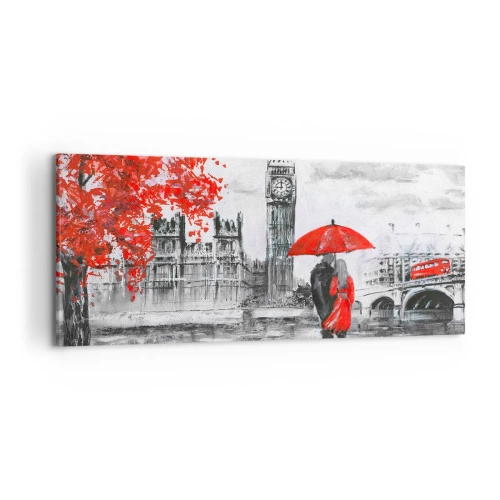Impression sur toile - Image sur toile - Scène romantique avec Big Ben et un parapluie rouge - 120x50cm - Amoureux de Londres - Décoration murale moderne pour le salon et la chambre ARTTOR