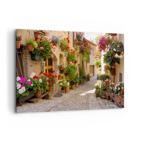 Impression sur toile - Image sur toile - Une rue avec des pots de fleurs et des murs de pierre - 120x80cm - Une inondation de fleurs  - Décoration murale moderne pour le salon et la chambre ARTTOR
