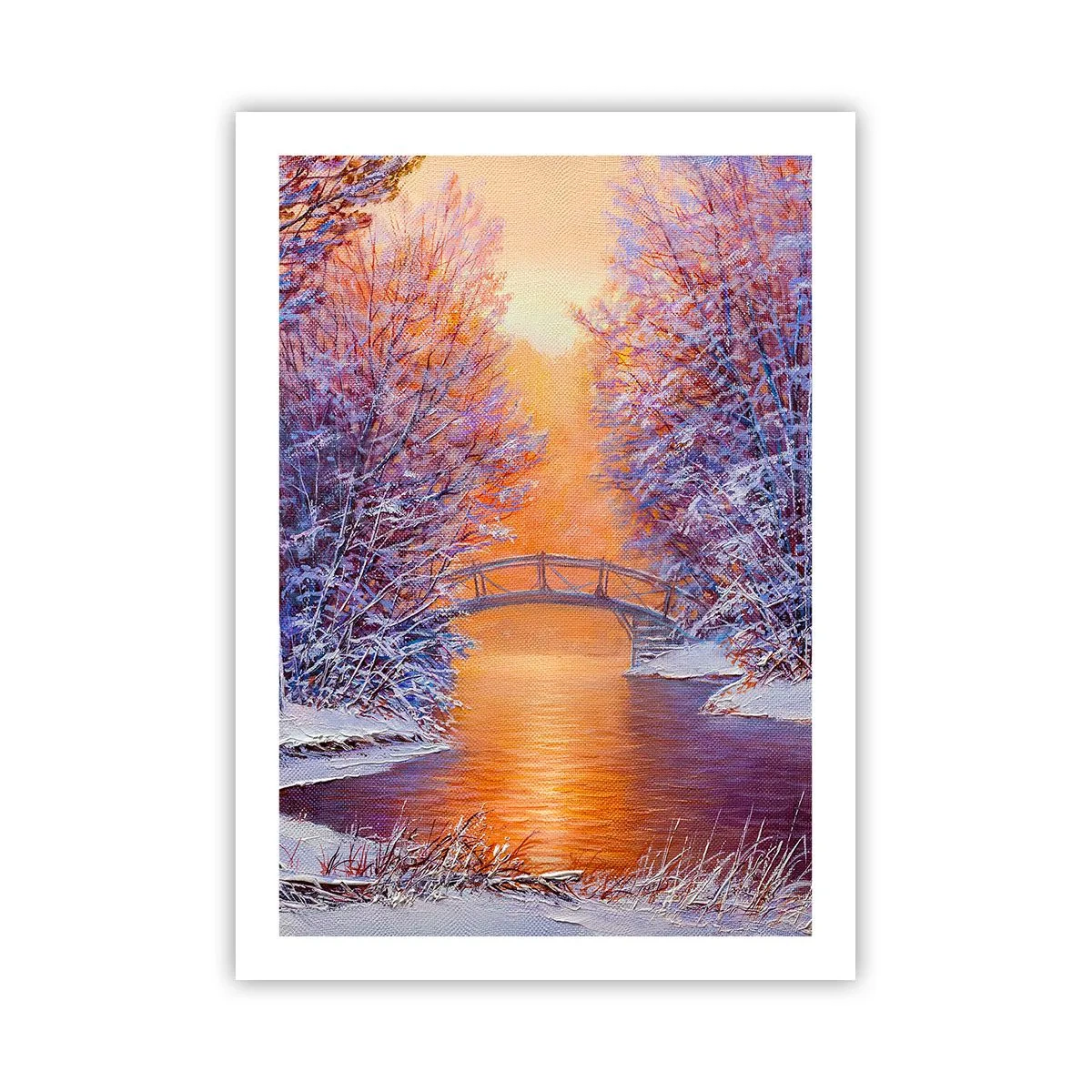 Affiche - Poster - Paysage d'hiver avec un pont et le soleil couchant reflété dans la rivière - 50x70cm - On se rencontre ici - Décoration murale moderne pour le salon et la chambre ARTTOR