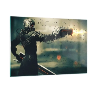 Impression sur verre - Image sur verre - Un cyber-guerrier de style futuriste avec des armes énergétiques - 120x80cm - L'arme fatale - Votre propre Terminator - Décoration murale moderne pour le salon et la chambre ARTTOR