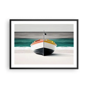 Affiche dans un cadre noir - Poster - Un bateau sur la plage avec une mer turquoise en arrière-plan - 70x50cm - A sa place - Décoration murale moderne pour le salon et la chambre ARTTOR