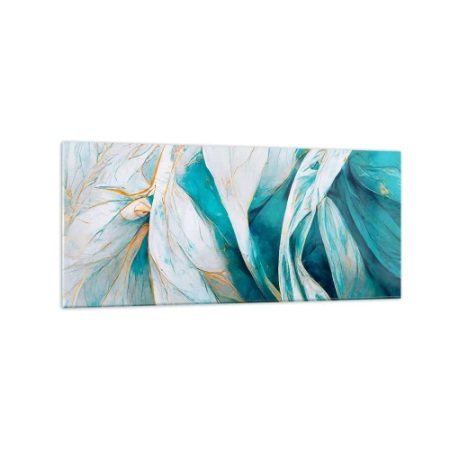 Impression sur verre - Image sur verre - Feuilles bleues abstraites avec des détails dorés - 120x50cm - Abstraction bleue avec un motif doré - Décoration murale moderne pour le salon et la chambre ARTTOR