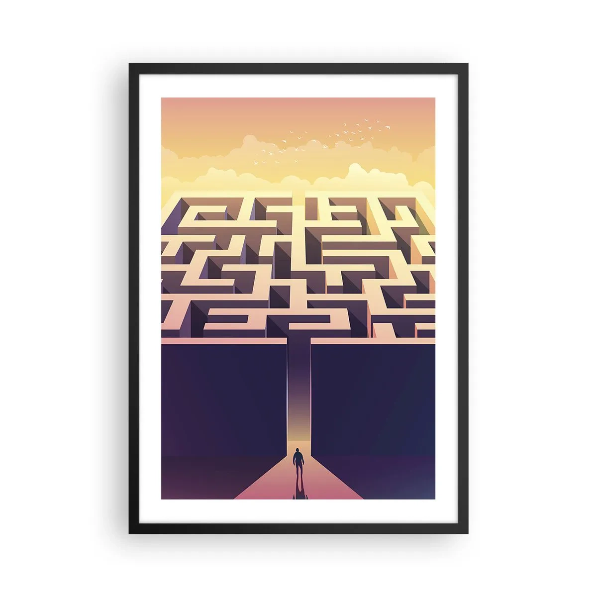Affiche dans un cadre noir - Poster - Un labyrinthe symbolique dans une lumière dorée - 50x70cm - Le temps de la décision - Décoration murale moderne pour le salon et la chambre ARTTOR