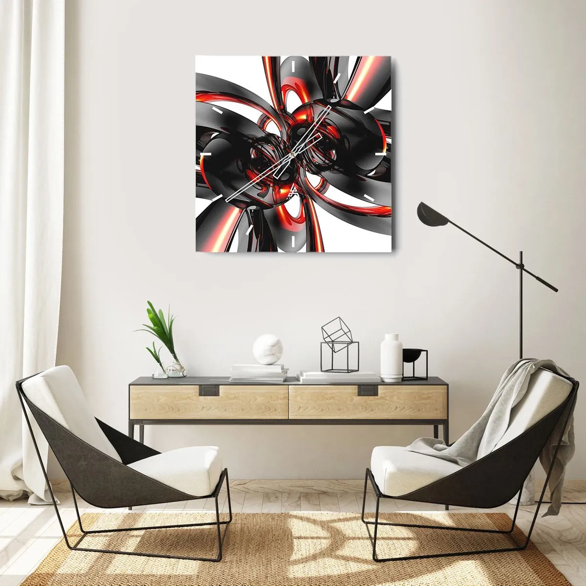 Horloge murale - Pendule murale - Graphiques 3D abstraits avec des éléments noirs et rouges - 30x30cm - Mouvement de graphite et rouge - Décoration murale moderne pour le salon et la chambre ARTTOR