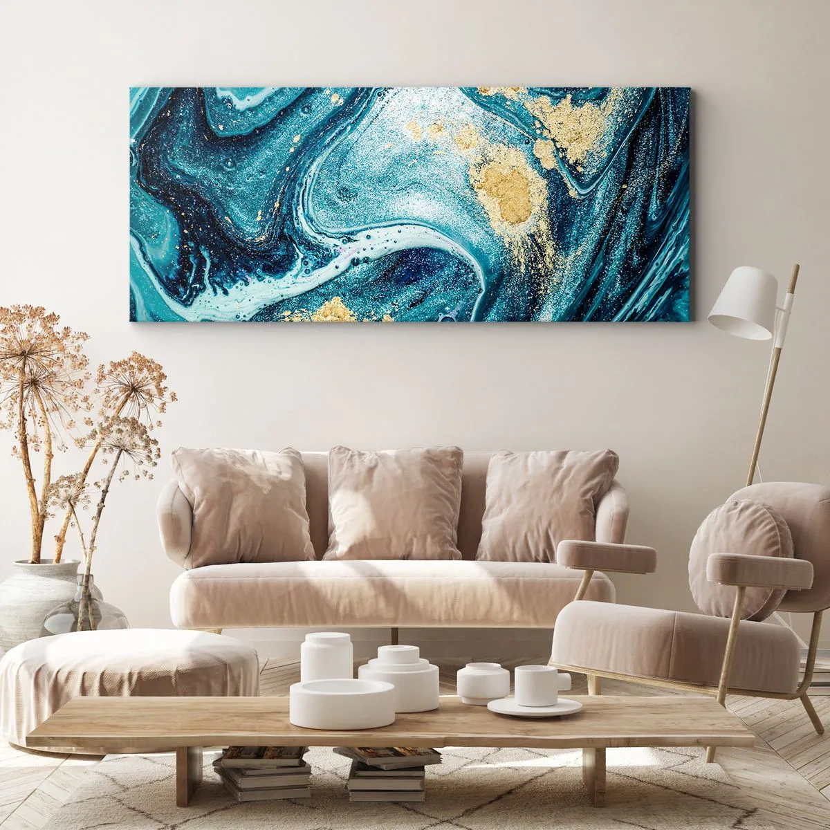 Impression sur toile - Image sur toile - Une composition abstraite de vagues et d'accents dorés - 140x50cm - Vortex bleu - Décoration murale moderne pour le salon et la chambre ARTTOR