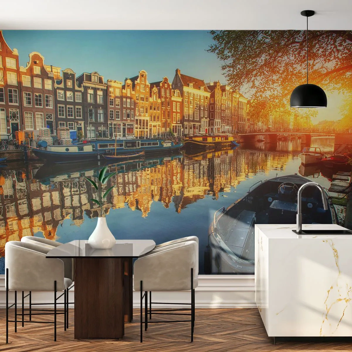 Papier Peint Photo Premium Canvas - Début de journée à Amsterdam - Ville, Amsterdam, Architecture - 250x175 cm
