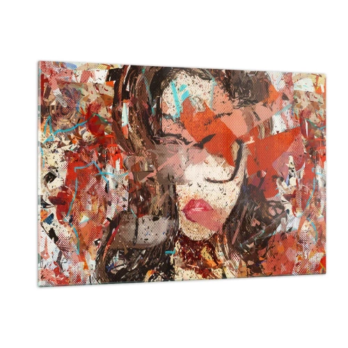 Impression sur verre - Image sur verre - Portrait abstrait d'une femme dans les tons de rouge et de beige - 120x80cm - Personne ne sait ce que tu es vraiment - Décoration murale moderne pour le salon et la chambre ARTTOR