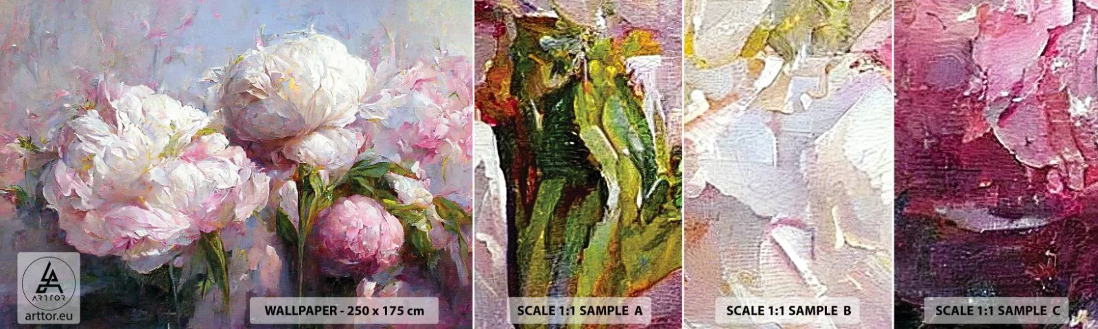 Échantillon De Papier Peint Standard Eco - Un bouquet plein de vie - Fleurs, Pivoines, Classicisme - 100x30 cm