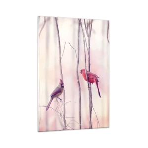 Impression sur verre - Image sur verre - Un couple de cardinaux perchés sur des branches dans un paysage pastel - 70x100cm - Conte de la forêt rose - Décoration murale moderne pour le salon et la chambre ARTTOR