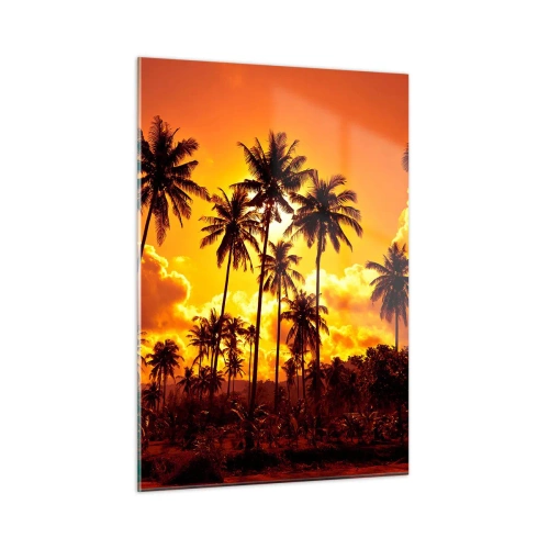 Impression sur verre - Image sur verre - Palmiers sur fond de coucher de soleil flamboyant - 50x70cm - Montagnes en feu, forêts en feu - Décoration murale moderne pour le salon et la chambre ARTTOR