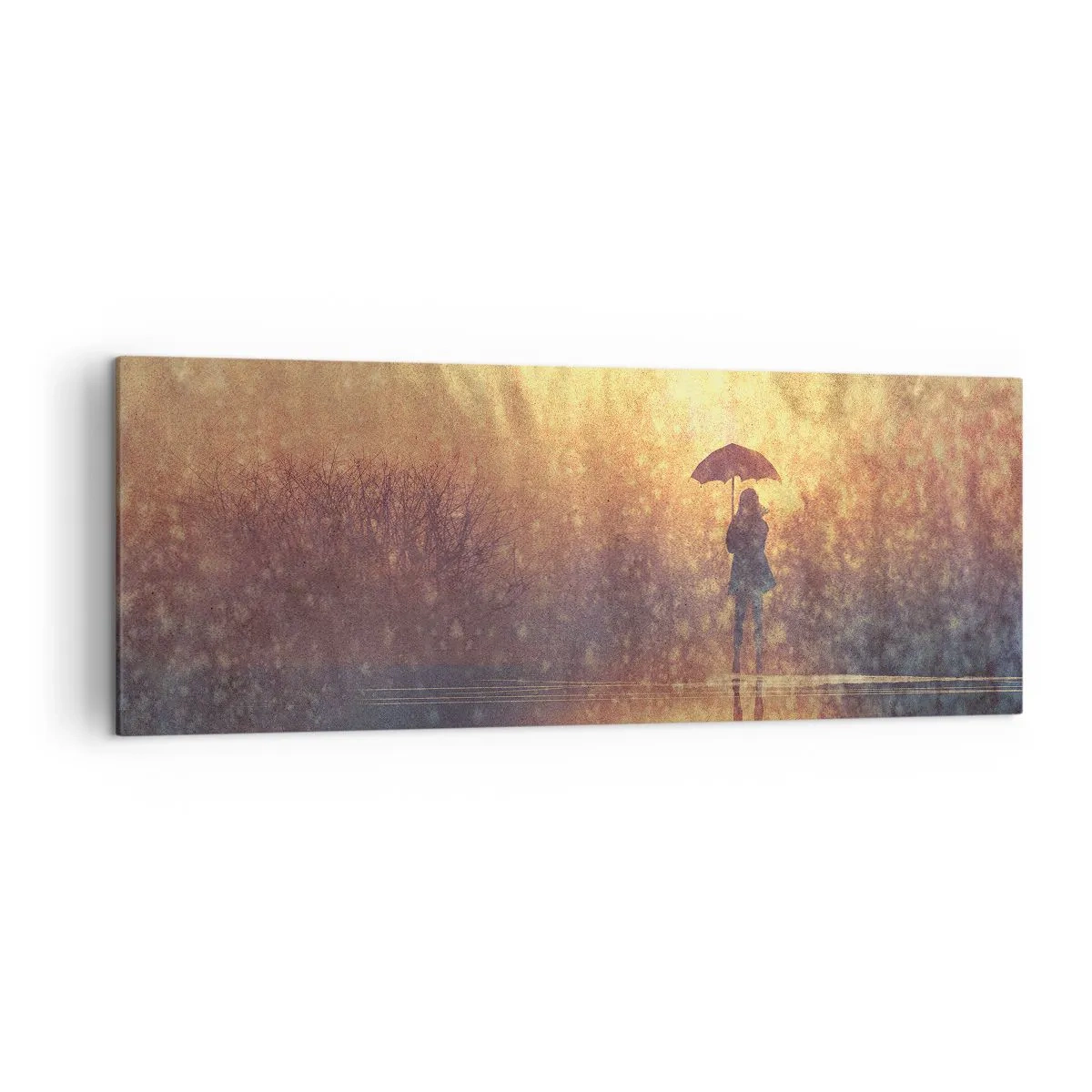 Impression sur toile - Image sur toile - Une silhouette avec un parapluie dans un paysage brumeux plein de reflets - 140x50cm - Je sens que quelqu'un me regarde - Décoration murale moderne pour le salon et la chambre ARTTOR