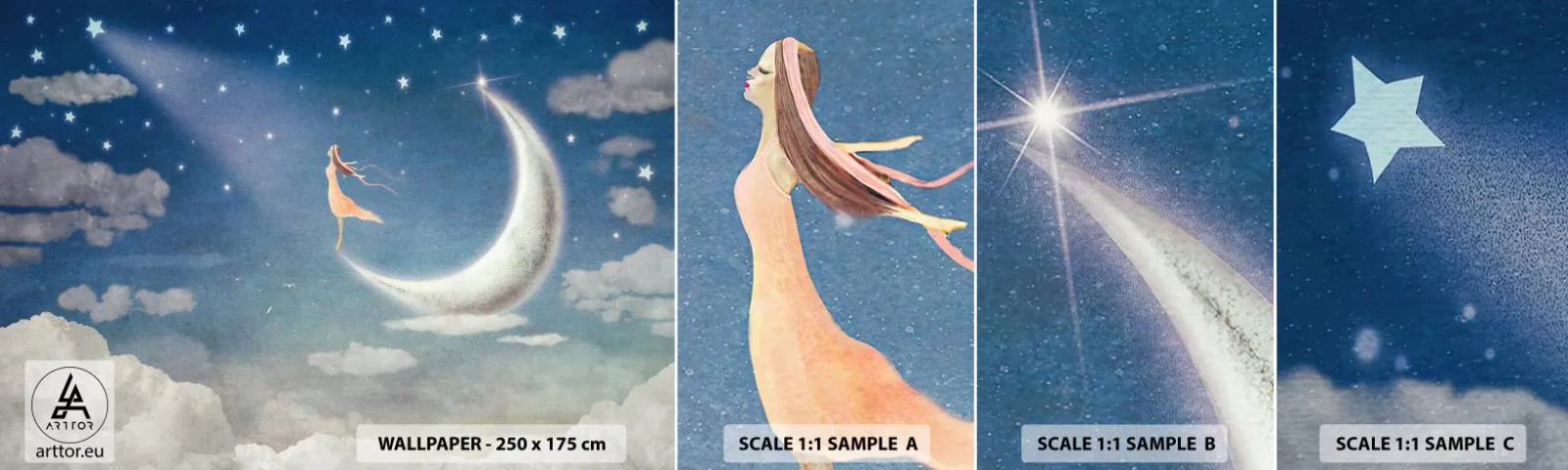 Échantillon de Papier Peint Autocollant Deluxe Sticker - Valise bleue - Abstraction, Pour les enfants, Lune - 100x30 cm