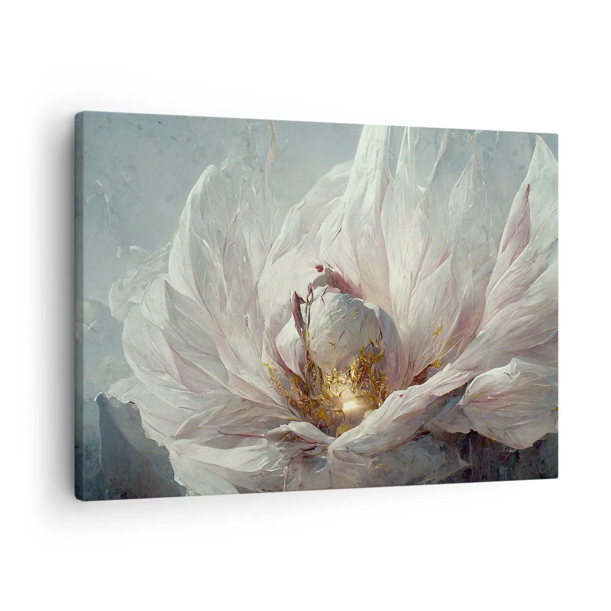 Impression sur toile - Image sur toile - Une fleur blanche délicate avec de subtils accents dorés - 70x50cm - Il fleurit une fois tous les cent ans - Décoration murale moderne pour le salon et la chambre ARTTOR