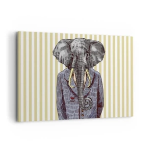 Impression sur toile - Image sur toile - Un éléphant en costume sur fond de rayures beiges - 100x70cm - Élégant par nature - Décoration murale moderne pour le salon et la chambre ARTTOR