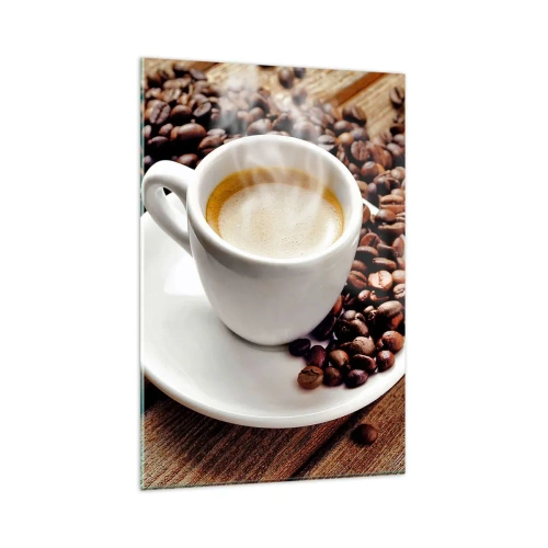 Impression sur verre - Image sur verre - Une tasse de café aromatique sur fond de grains et d'une feuille - 80x120cm - Café sur un banc - Décoration murale moderne pour le salon et la chambre ARTTOR
