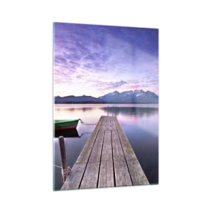 Impression sur verre - Image sur verre - Bateau vert sur une jetée avec un arrière-plan de montagne au lever du soleil - 50x70cm - Silence amical - Décoration murale moderne pour le salon et la chambre ARTTOR