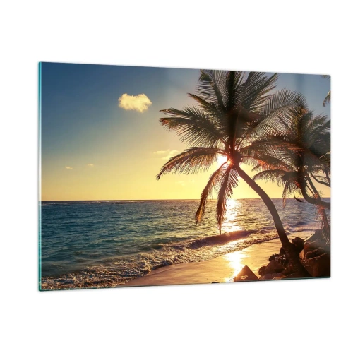 Impression sur verre - Image sur verre - Plage tropicale avec palmiers à la lumière du soleil couchant - 120x80cm - L'été sous les palmiers - Décoration murale moderne pour le salon et la chambre ARTTOR