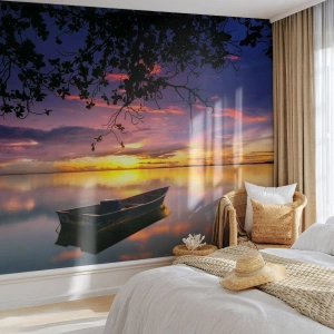 Papier Peint Autocollant Deluxe Sticker - "Tu sembles suspendu au milieu du ciel..." - Paysage, Coucher de soleil, Lac - 350x256 cm