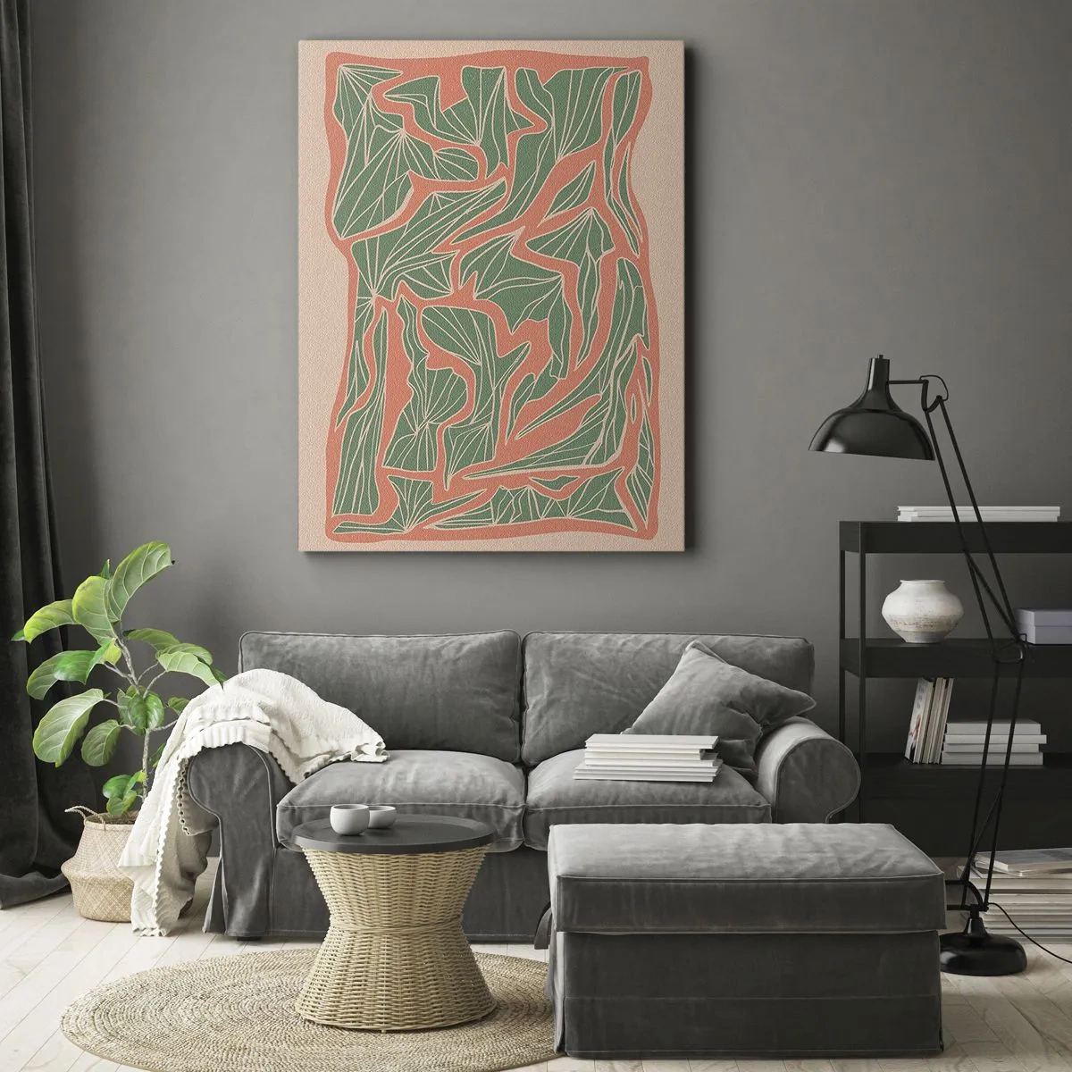 Impression sur toile - Image sur toile - Un motif végétal dans les tons de vert et d'orange - 50x70cm - La lutte entre le corail et la verdure - Décoration murale moderne pour le salon et la chambre ARTTOR