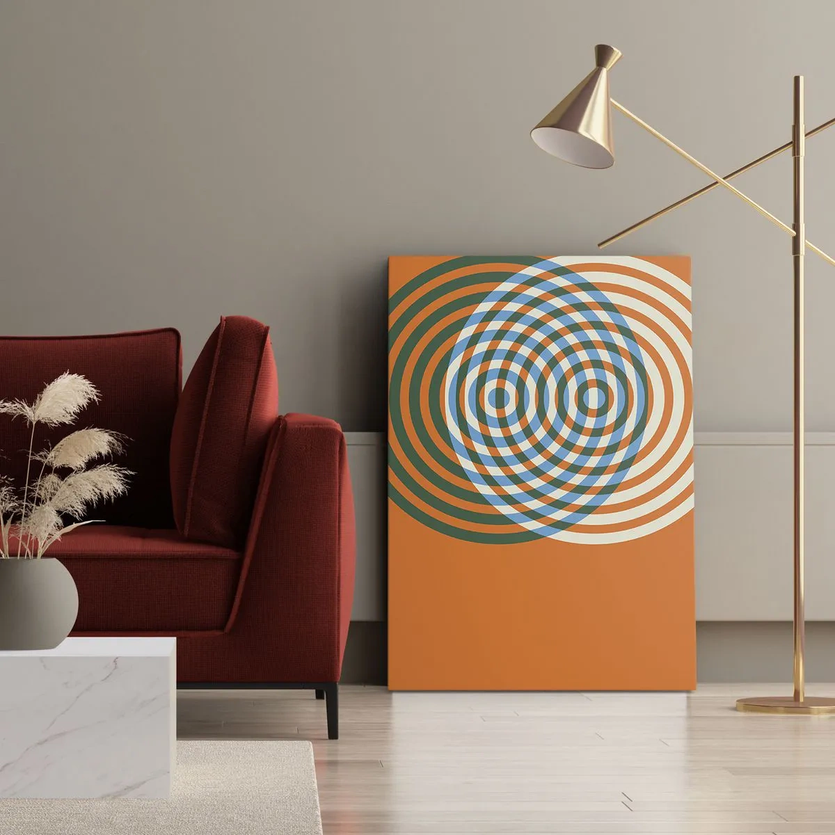 Impression sur toile - Image sur toile - Cercles concentriques sur fond orange - 70x100cm - Variation circulaire abstraite - Décoration murale moderne pour le salon et la chambre ARTTOR