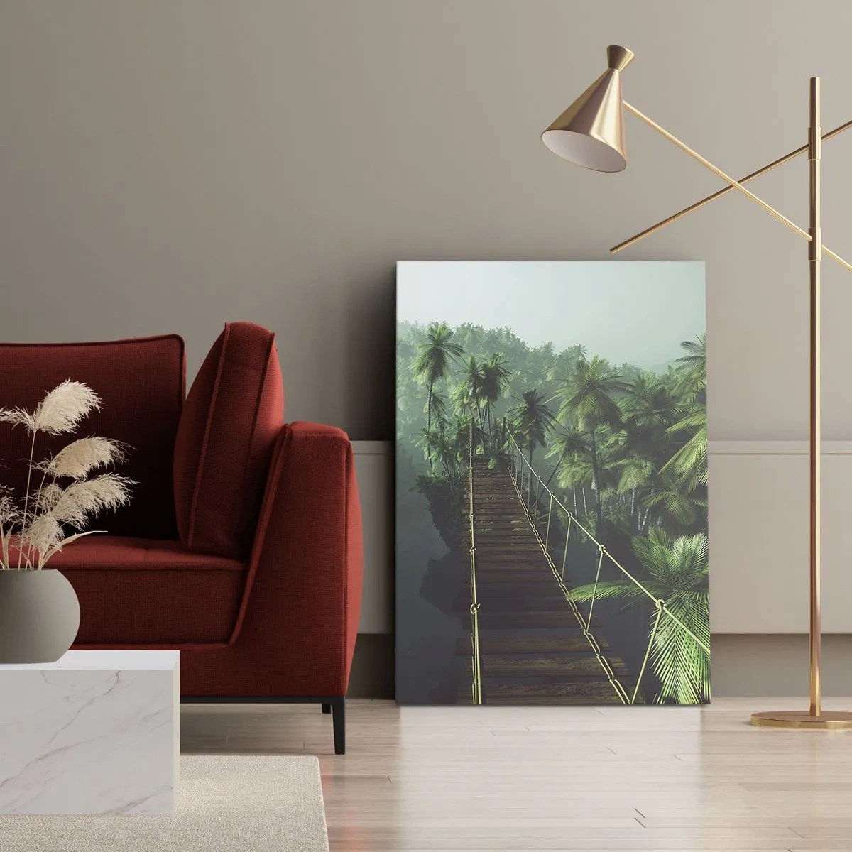 Impression sur toile - Image sur toile - Un pont suspendu dans une forêt tropicale entourée de brouillard. - 70x100cm - Au fil de la verdure - Décoration murale moderne pour le salon et la chambre ARTTOR