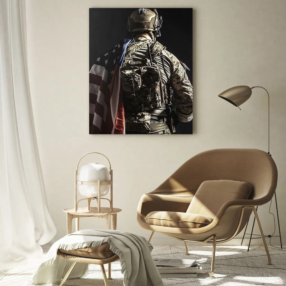 Impression sur verre - Image sur verre - Un soldat avec un drapeau américain sur un fond sombre - 50x70cm - C'est exactement pour ça - Décoration murale moderne pour le salon et la chambre ARTTOR