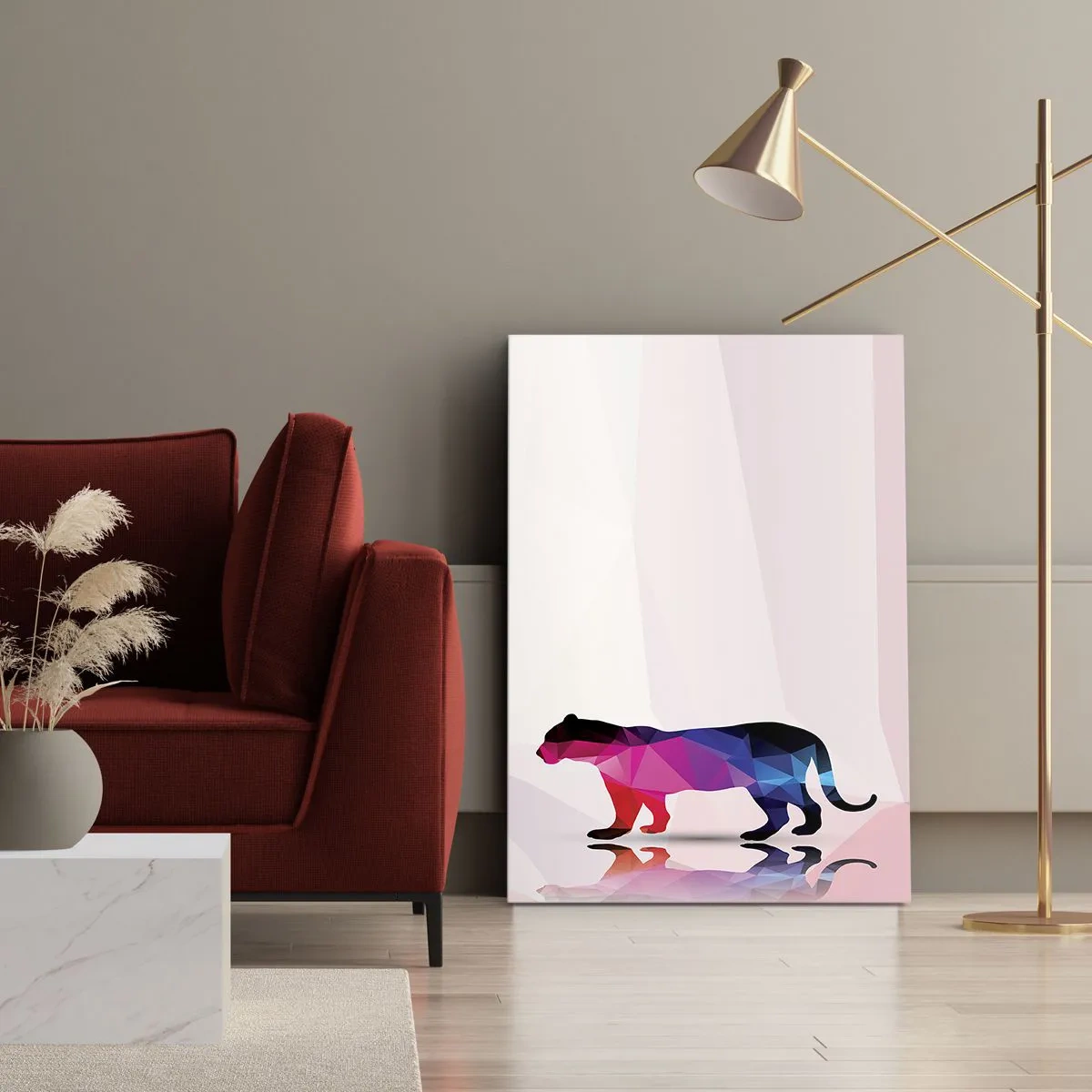 Impression sur toile - Image sur toile - Silhouette de panthère géométrique dans les tons rose et bleu - 50x70cm - Panthère de diamant - Décoration murale moderne pour le salon et la chambre ARTTOR