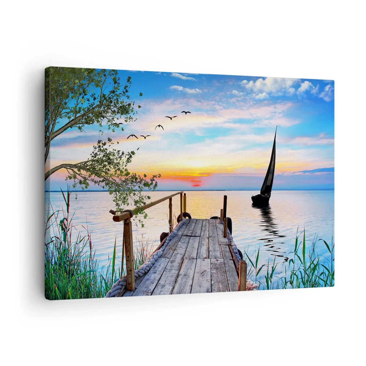 Impression sur toile - Image sur toile - Jetée du lac avec bateau et coucher de soleil - 70x50cm - Bonsoir! - Décoration murale moderne pour le salon et la chambre ARTTOR