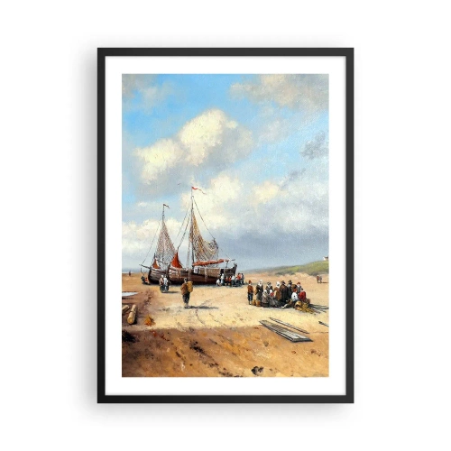 Affiche dans un cadre noir - Poster - Bateaux de pêche traditionnels et pêcheurs sur une plage de sable - 50x70cm - Après une capture réussie - Décoration murale moderne pour le salon et la chambre ARTTOR