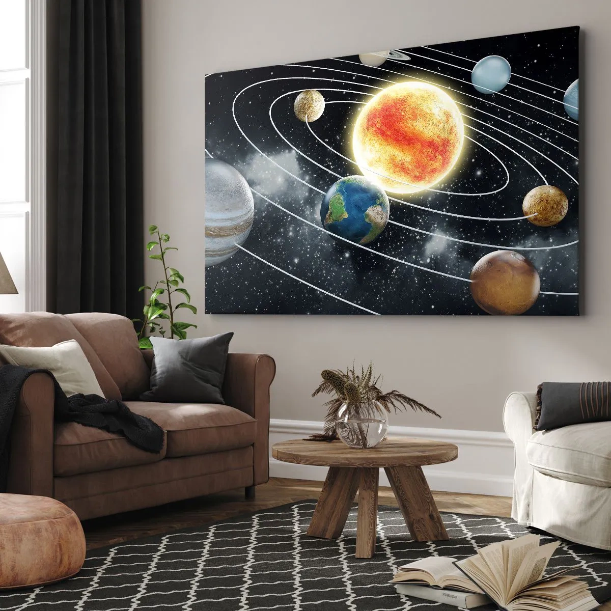 Impression sur toile - Image sur toile - Système solaire avec planètes et soleil dans l'espace - 70x50cm - Danse cosmique - Décoration murale moderne pour le salon et la chambre ARTTOR