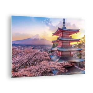 Impression sur verre - Image sur verre - Une pagode dans un paysage japonais surplombant le mont Fuji et des arbres en fleurs - 70x50cm - Essence d'âme japonnaise - Décoration murale moderne pour le salon et la chambre ARTTOR