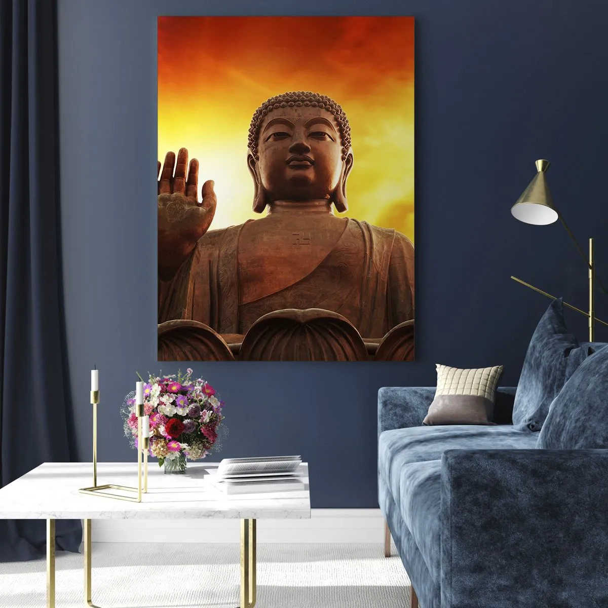 Impression sur verre - Image sur verre - Une statue de Bouddha sur fond de coucher de soleil doré - 50x70cm - La paix du monde - Décoration murale moderne pour le salon et la chambre ARTTOR