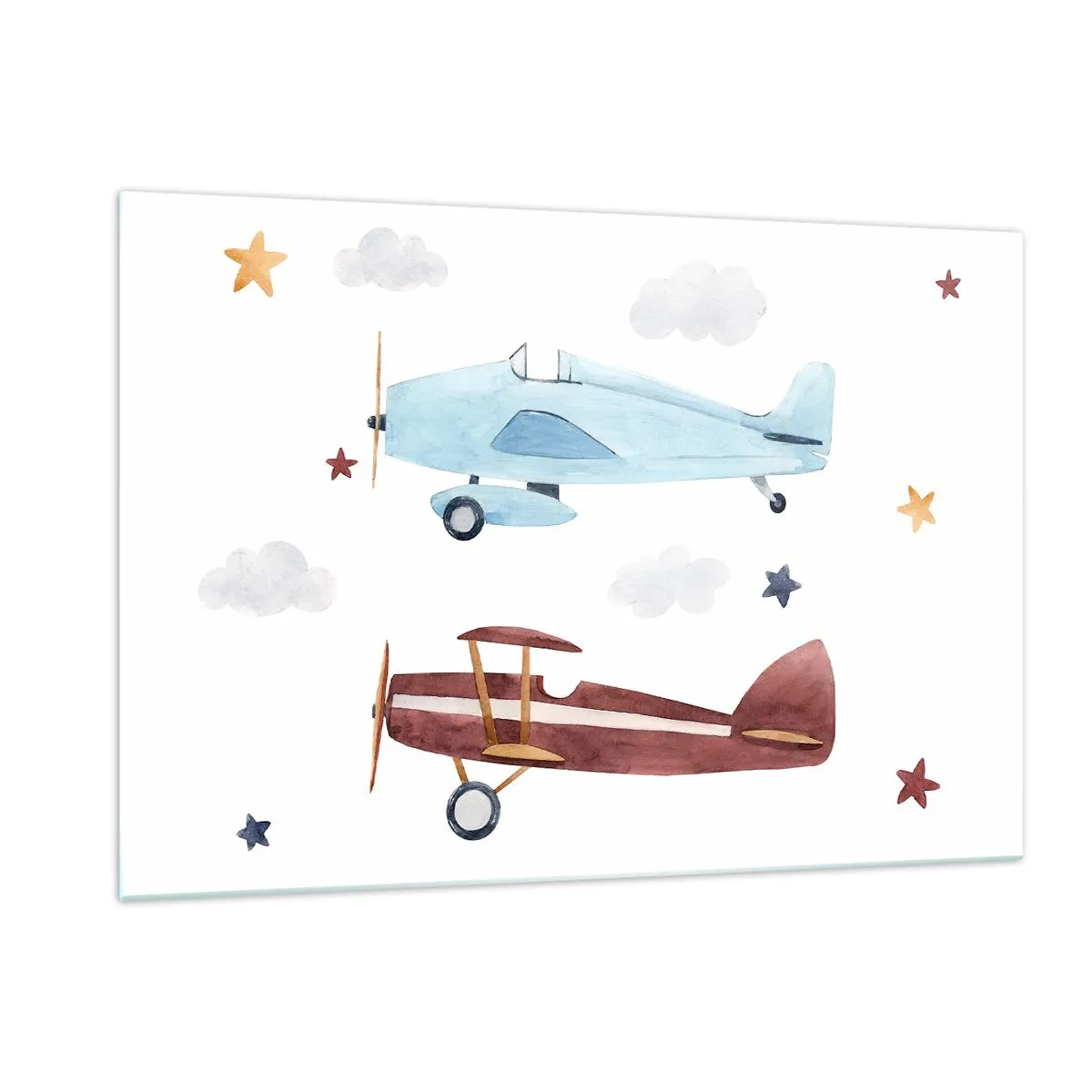 Impression sur verre - Image sur verre - Deux avions colorés parmi les étoiles et les nuages - 120x80cm - Monsieur le pilote, nous vous attendons ! - Décoration murale moderne pour le salon et la chambre ARTTOR