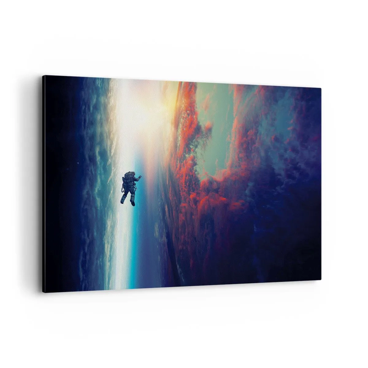 Impression sur toile - Image sur toile - Un astronaute flottant dans l'espace au-dessus d'une Terre colorée - 120x80cm - Affronter l'univers - Décoration murale moderne pour le salon et la chambre ARTTOR