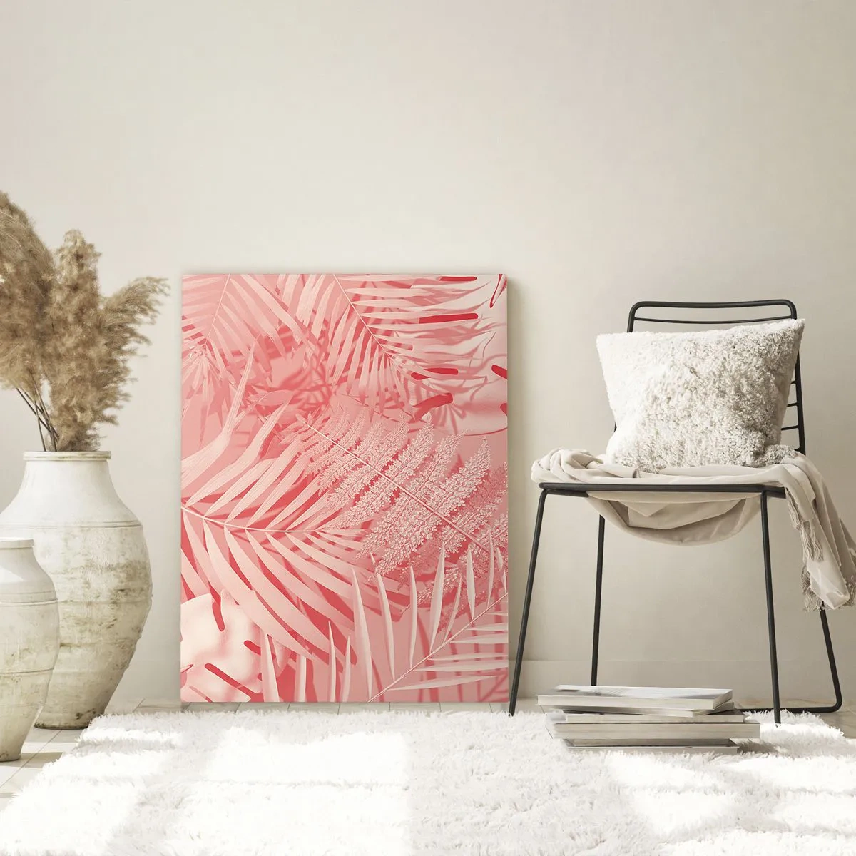 Impression sur verre - Image sur verre - Feuilles tropicales roses dans une composition moderne - 50x70cm - Concept de rose - Décoration murale moderne pour le salon et la chambre ARTTOR